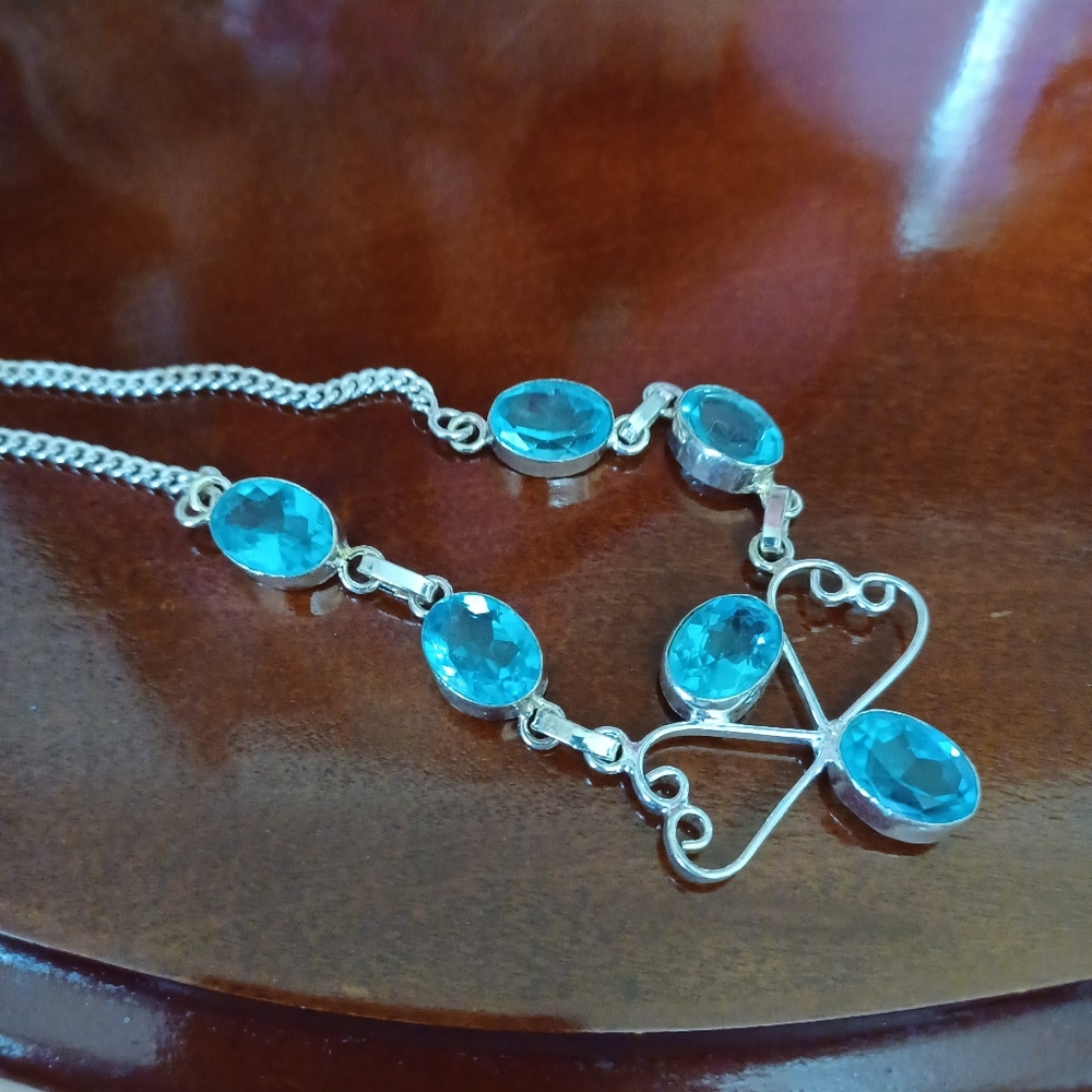 Blue and Silver Asymmetrical Beaded Necklace Blue Topaz Real Gemstones - Picture 6 of 8